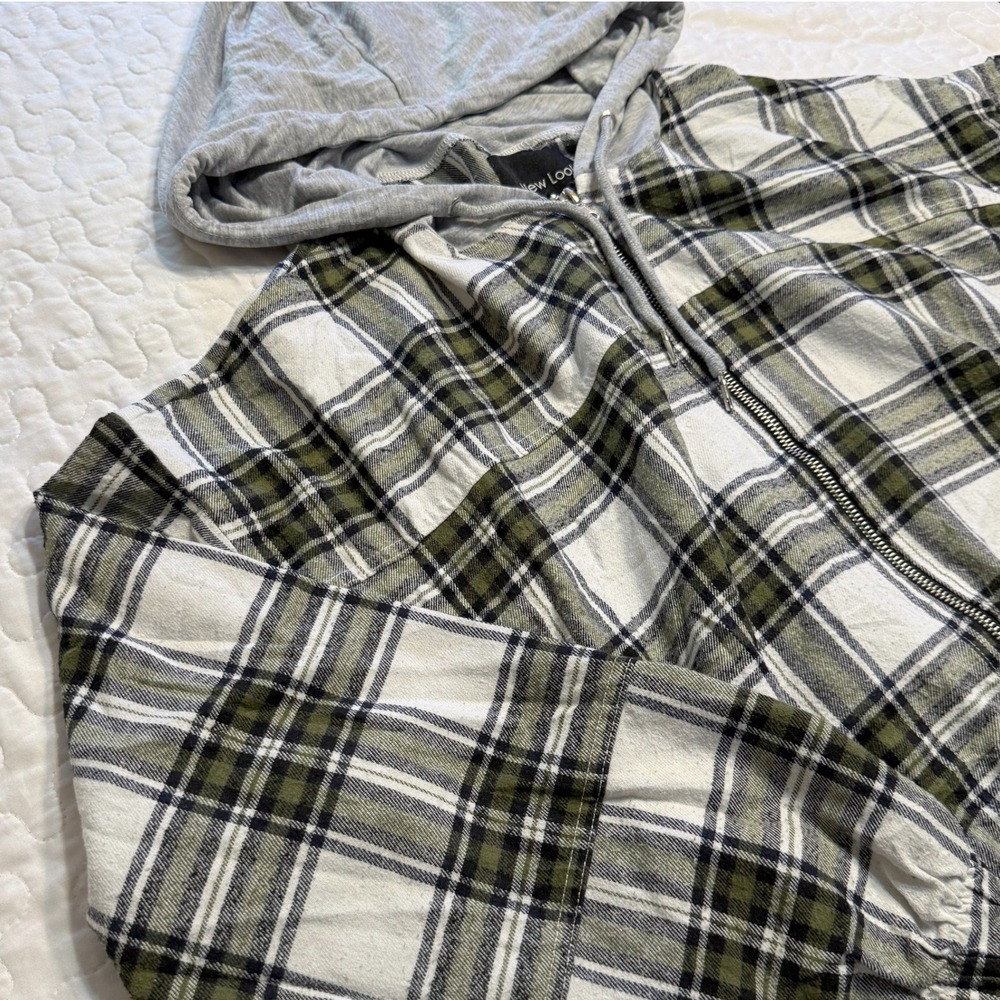 Women XL Hoodie Flannel Bomber Jacket Green White Plaid Zip Up Y2K FALL OUTDOOR